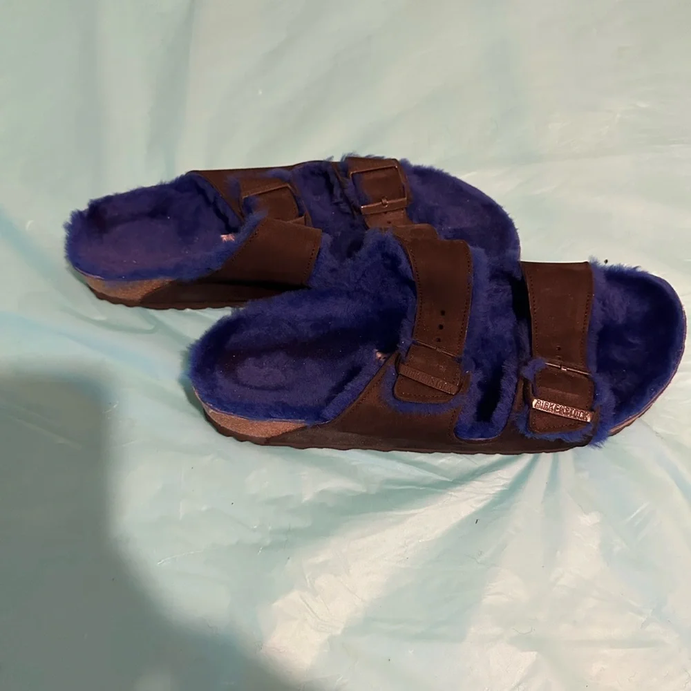 Birkenstock Arizona Shearling Blue and Brown Sandals with Double Straps - Picture 3 of 7